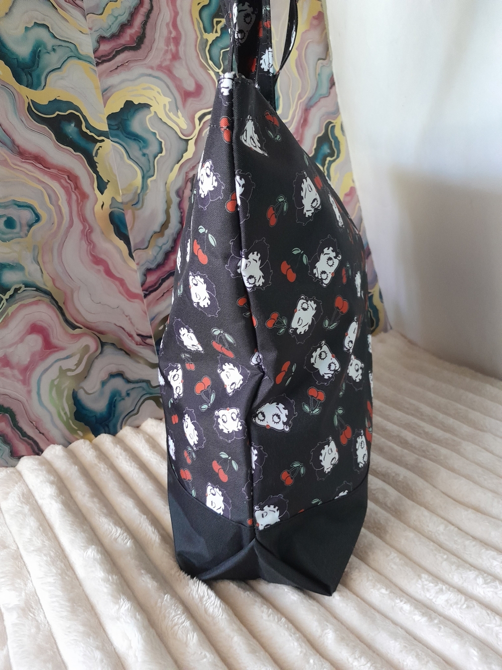 2 Piece Betty Boop Cherry Print Shoulder Tote With Attached Pouch Bag Pink Black - Picture 7 of 10